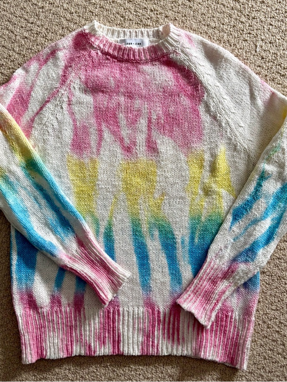 John + Jenn Cream Crewneck Sweater with Pink, Yellow & Blue Tie-Dye